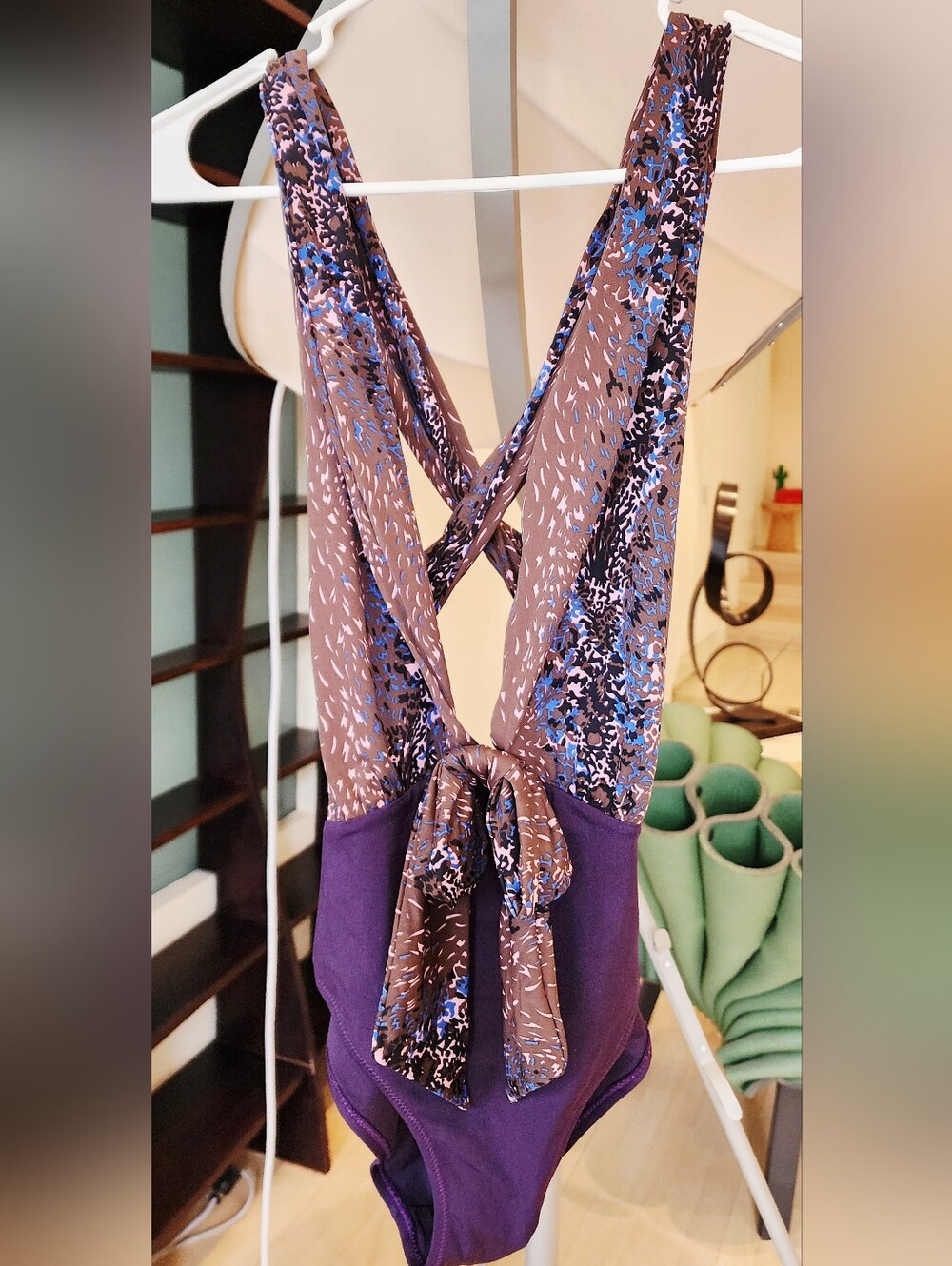 Balenciaga Purple Floral One-Piece Swimsuit With Deep V-Neck And Bow Tie Size M